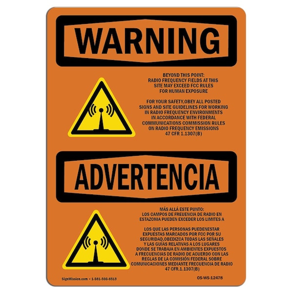 OSHA Warning Sign, 18" Height, 24" Width, Beyond This Point Radio Frequency Bilingual, Landscape